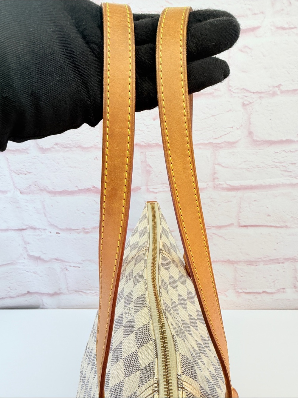 Luxury Checkered Canvas Tote with Tan Leather Straps - Picture 10 of 14